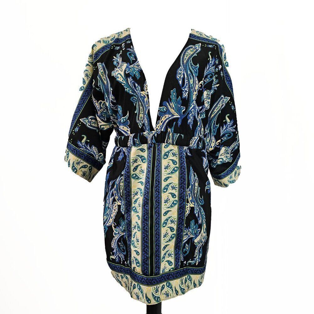 Style & Co Size 14 Blue Green Paisley Kimono Inspired Blouse